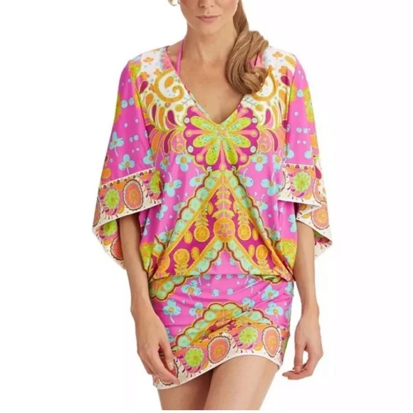 Y2K Trina Turk V-Neck Woodblock Floral Swim Cover-Up Dress - Picture 5 of 13